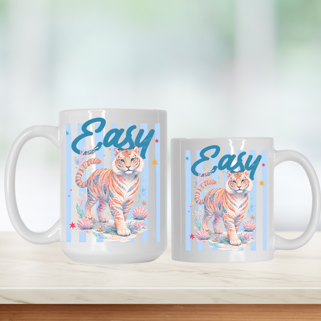15oz. and 11oz. mugs with a tiger design and 'Easy' text on a white background