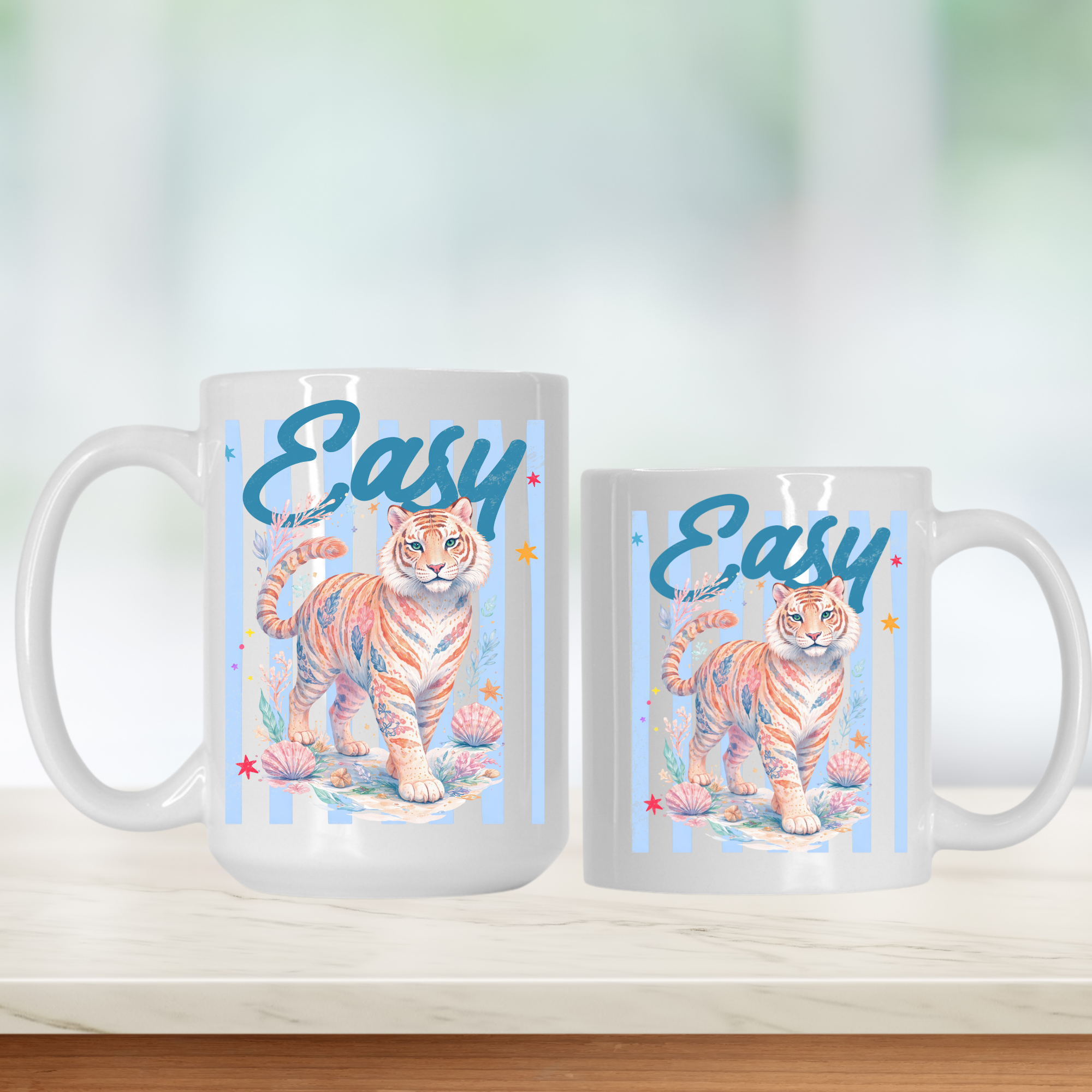 15oz. and 11oz. mugs with a tiger design and 'Easy' text on a white background