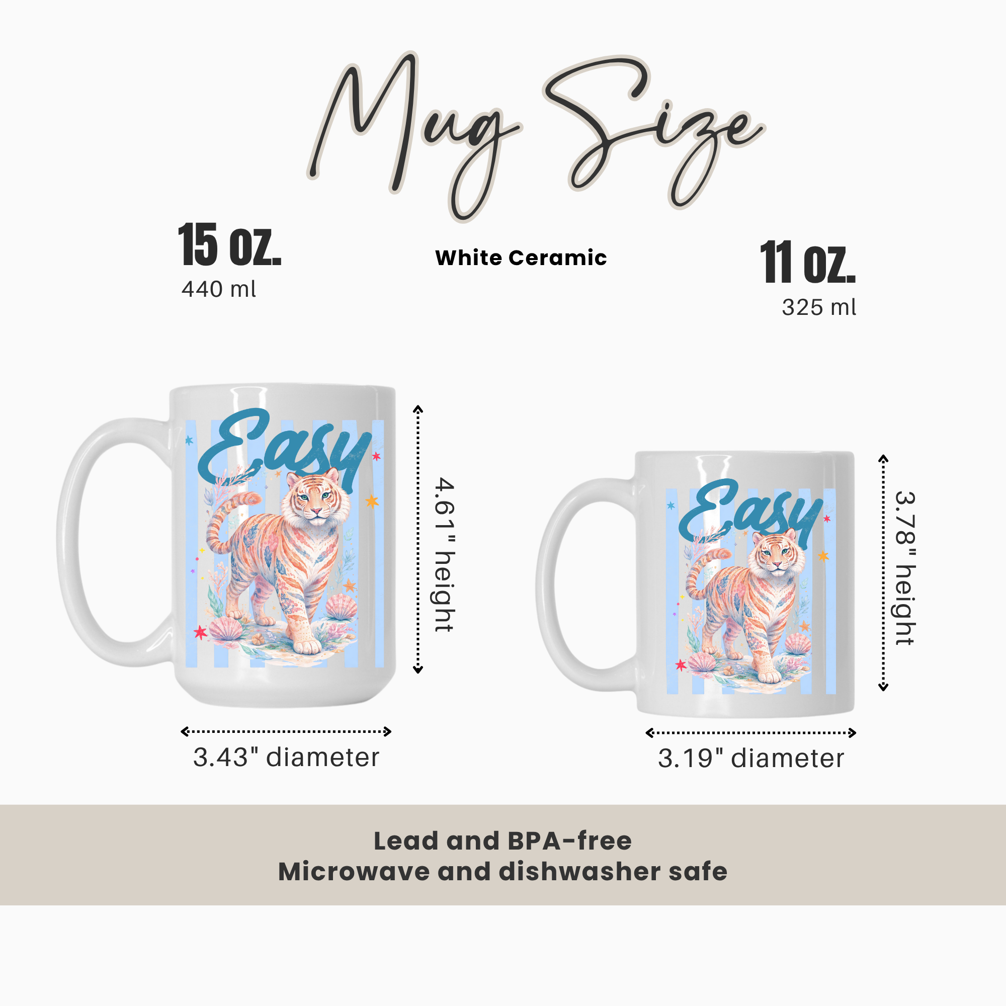 Mug size comparison chart with two mugs and measurements on a white background