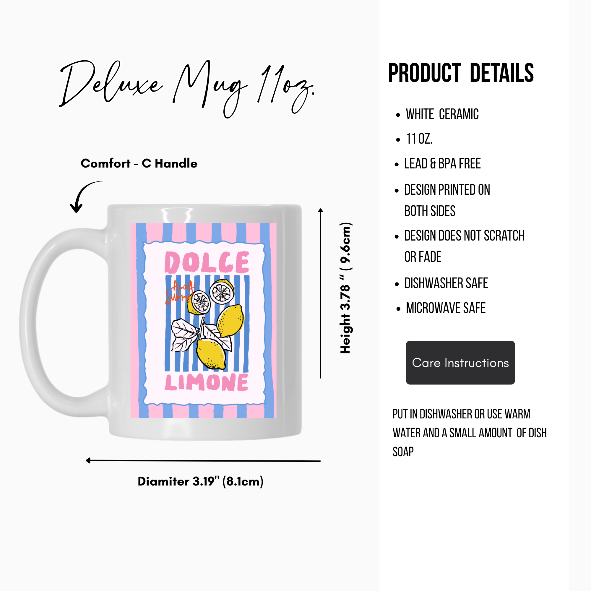 11oz. white ceramic mug with colorful design and product details on a white background