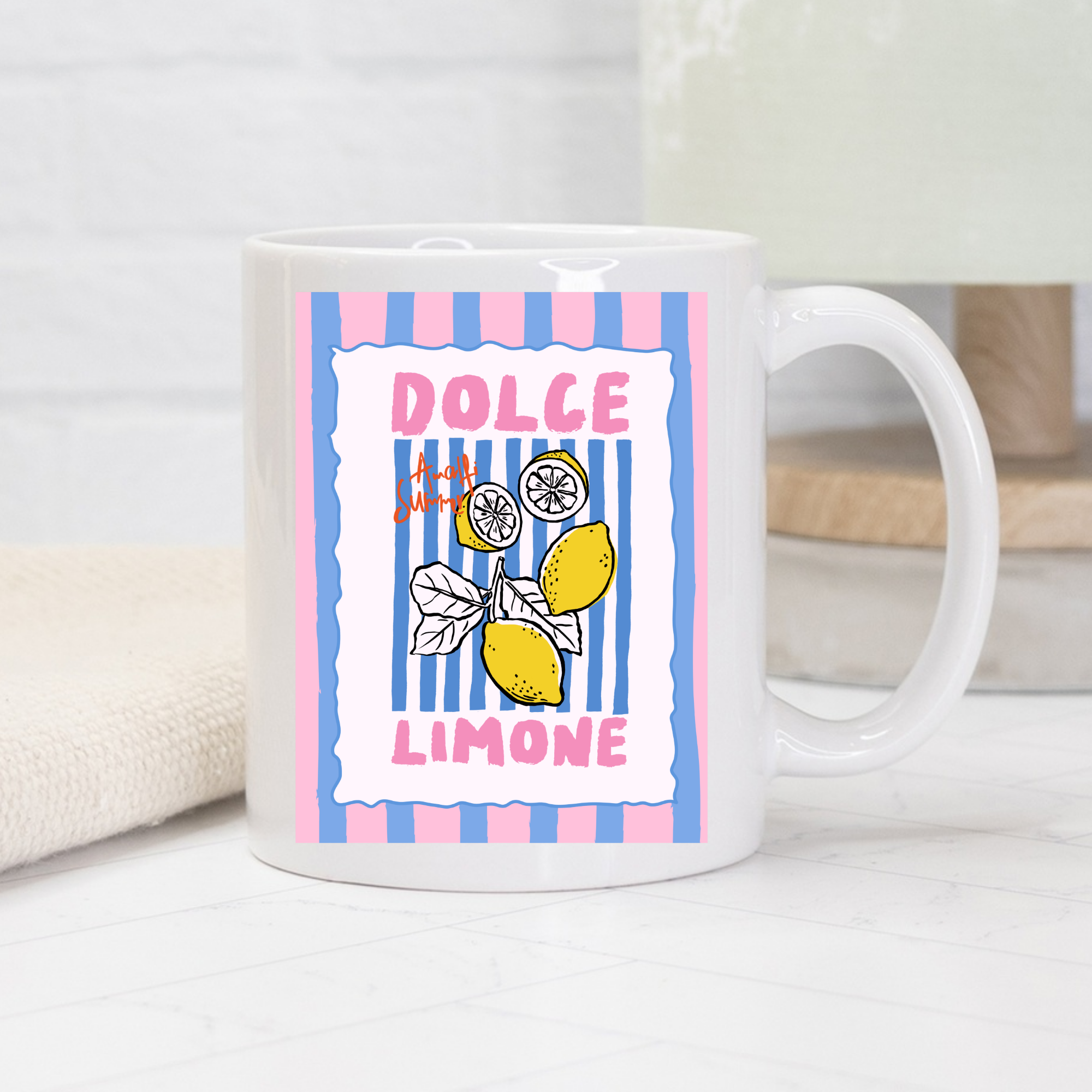 11oz. white mug with Dolce Limone design featuring lemons and striped pattern on a white background