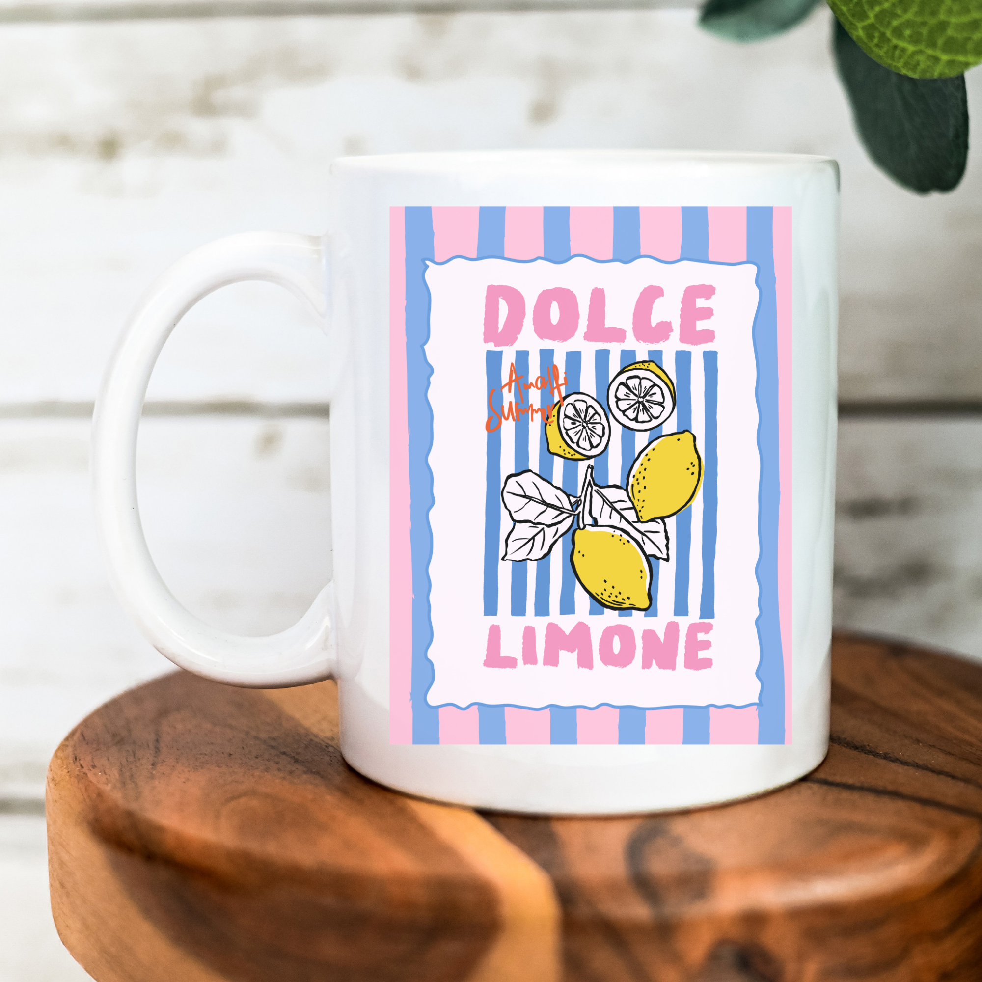 White 11oz. mug with 'Dolce Limone' design featuring lemons on a wooden surface.
