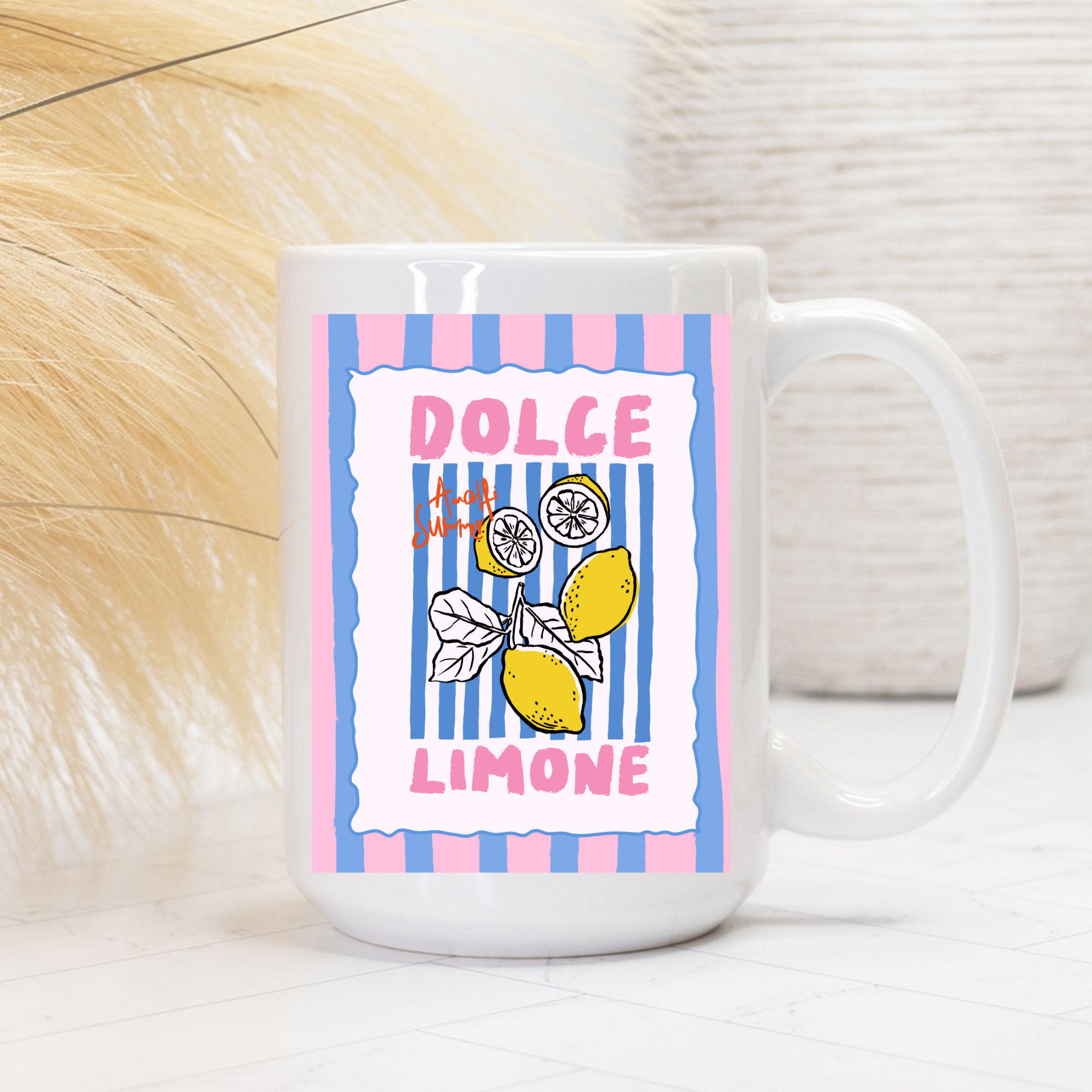 White 15oz. mug with 'Dolce Limone' design featuring lemons and striped border on a light background.