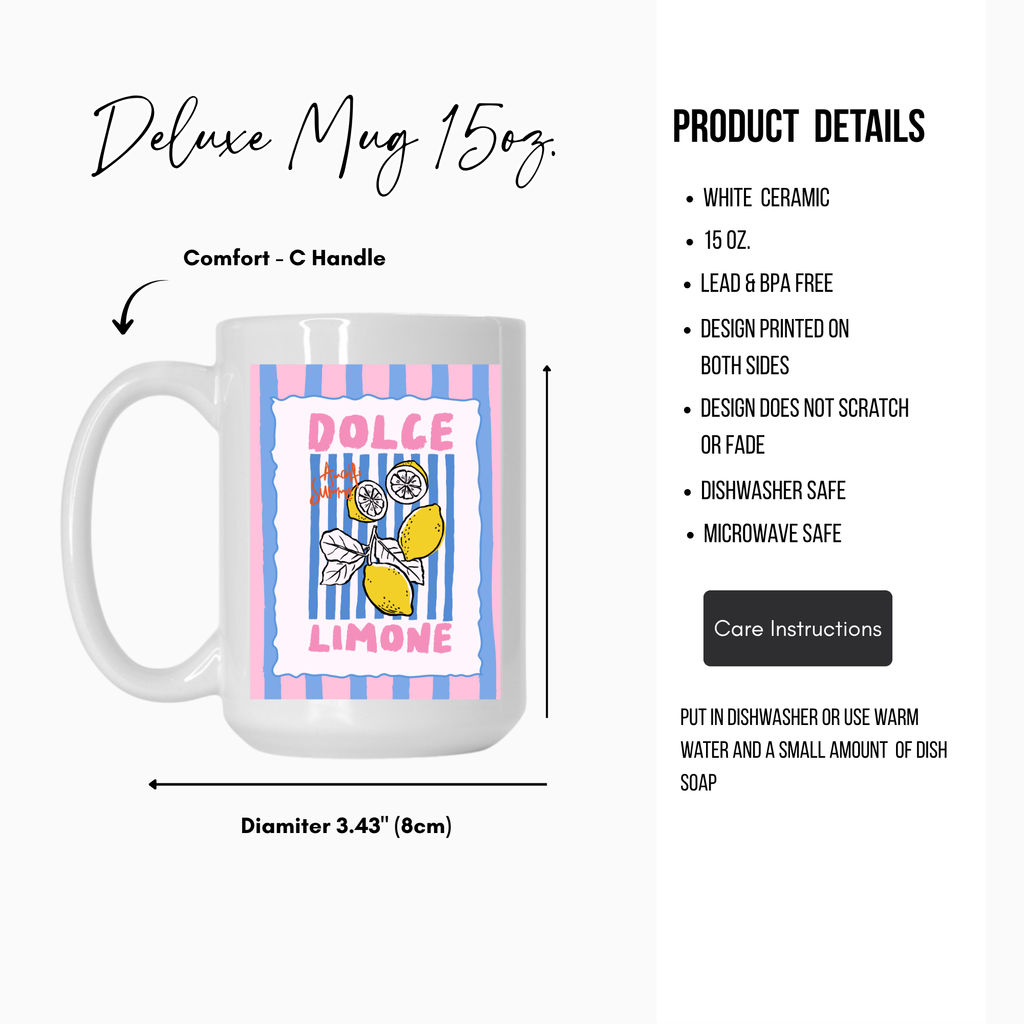 White 15oz. ceramic mug with colorful design and product details on a white background