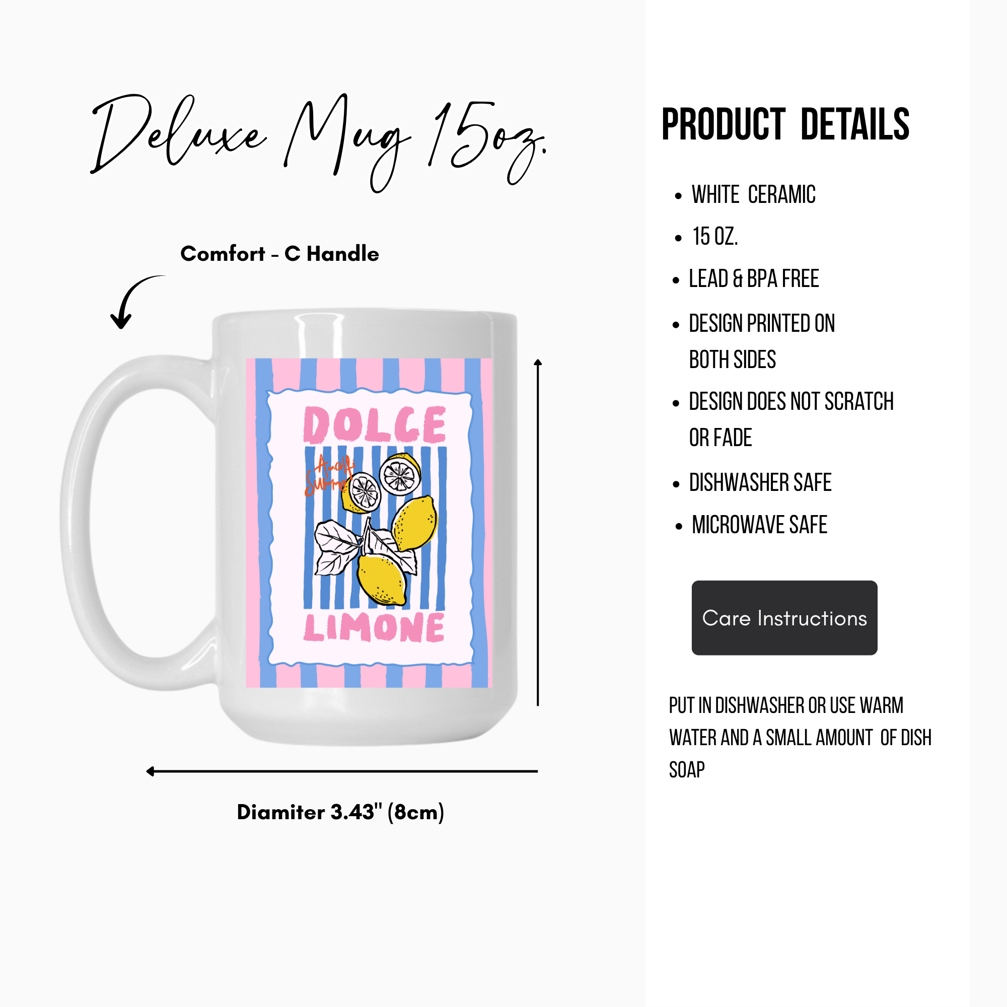 White 15oz. ceramic mug with colorful design and product details on a white background