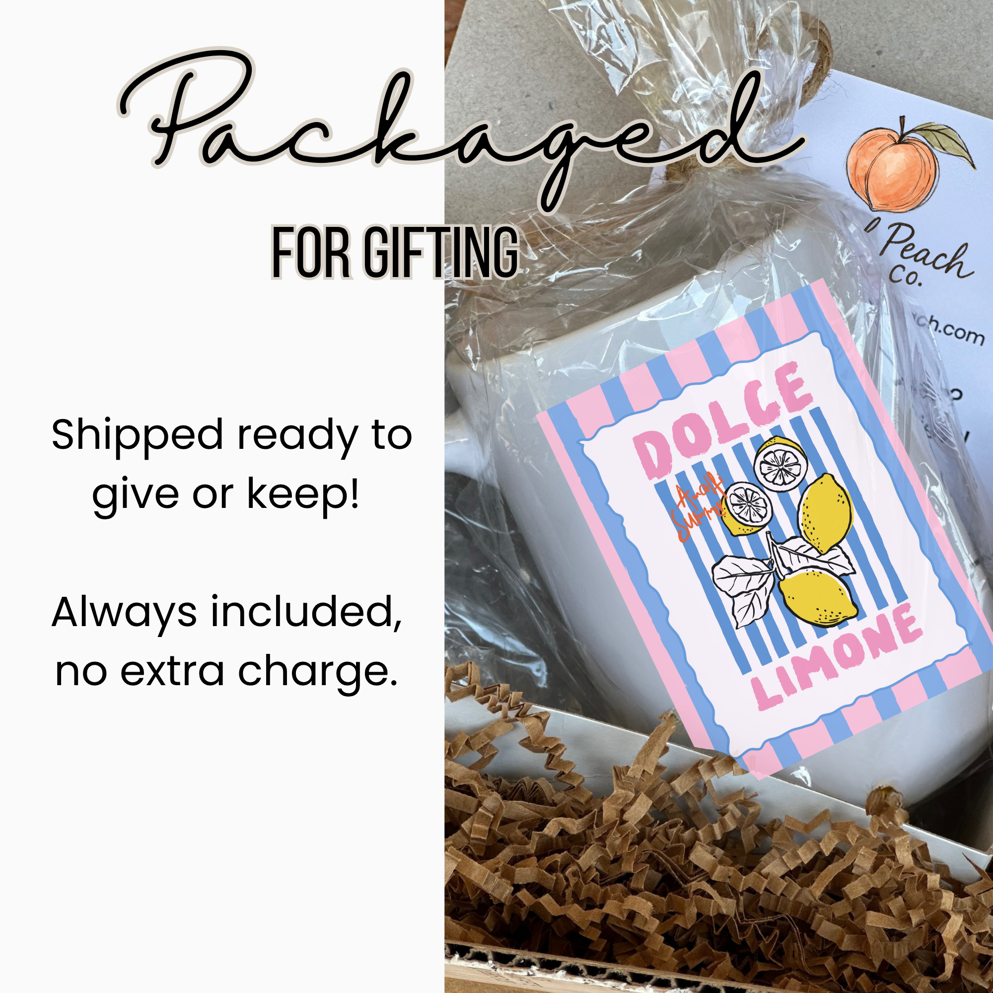 White ceramic 15oz mug in product packaging with a label and text indicating 'Packaged for gifting' and 'Shipped ready to give or keep!'.