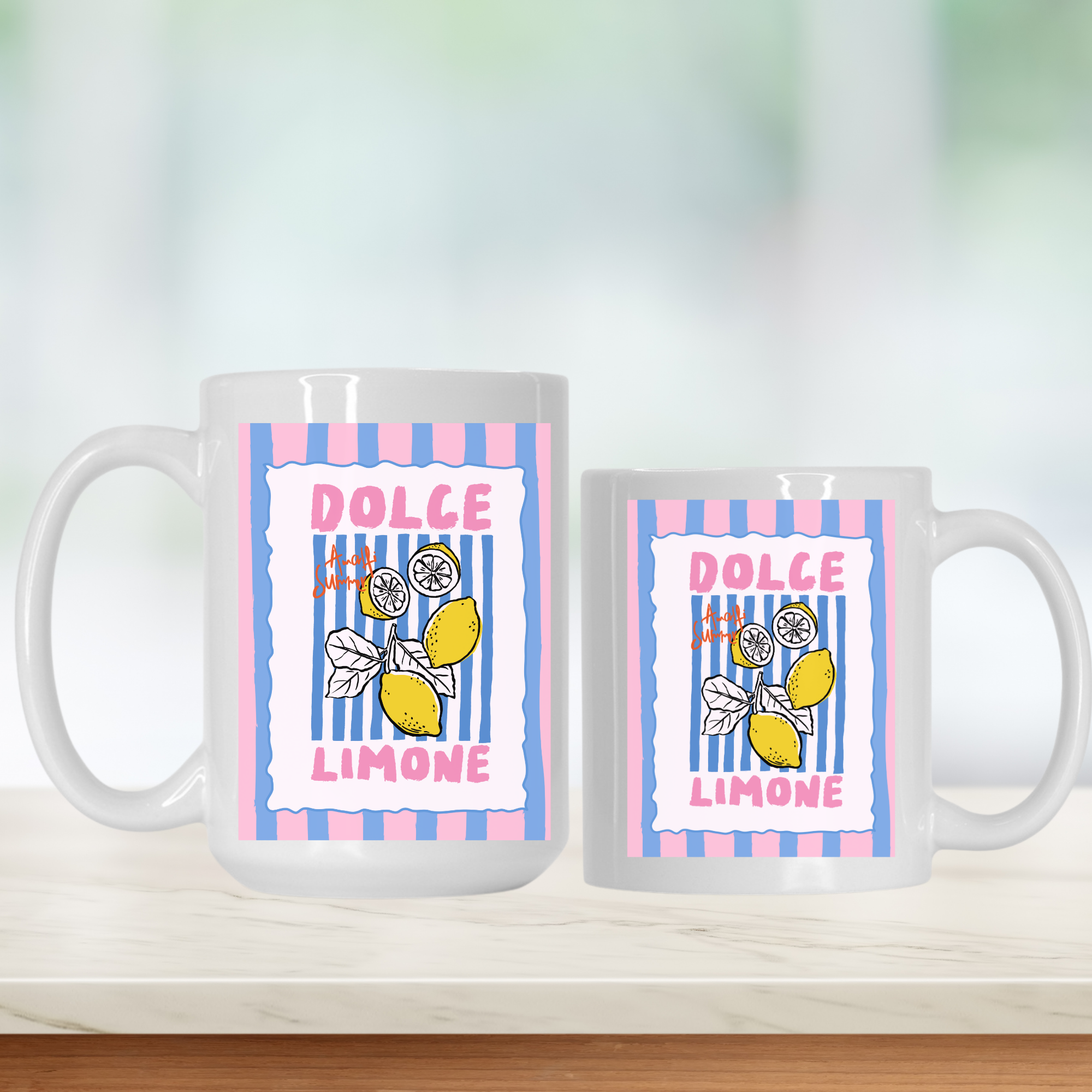 15oz. and 11oz. mugs with 'Dolce Limone' design featuring lemons and a bow on a striped background.