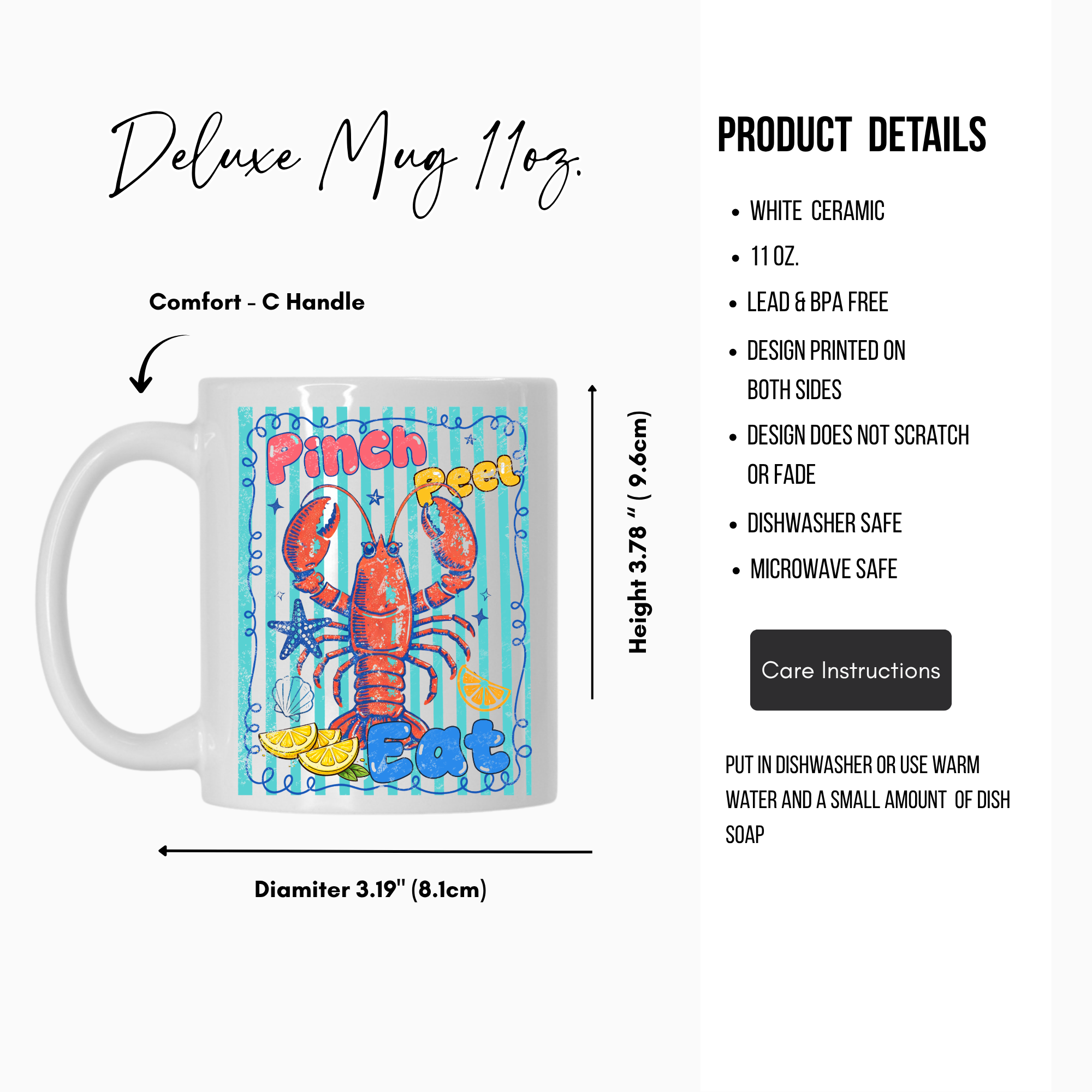 11oz Mug with lobster design and product details on a white background