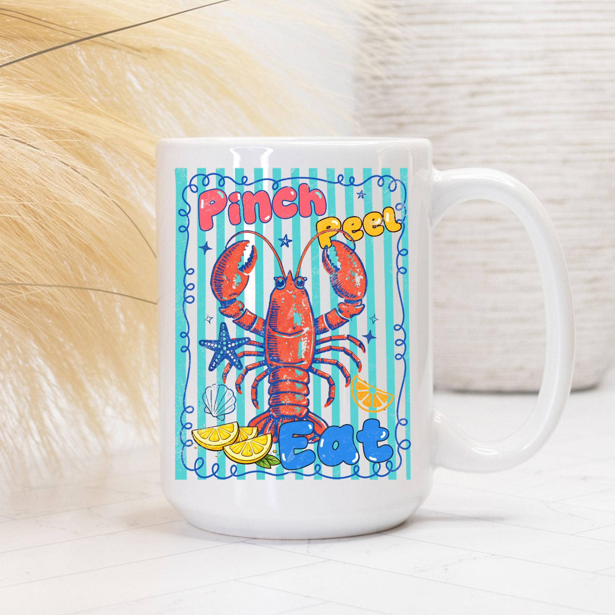 15oz. Mug with a lobster design and text on a white background