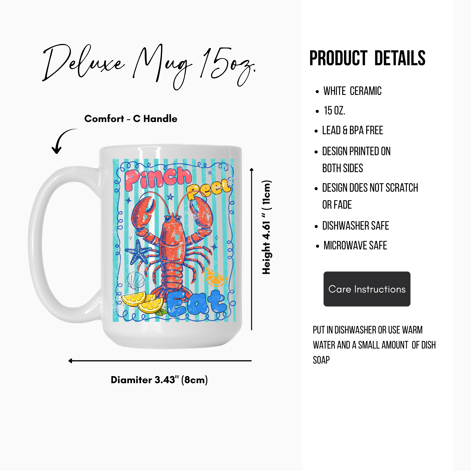 White 15oz. ceramic mug with colorful lobster design, featuring product details on a white background.