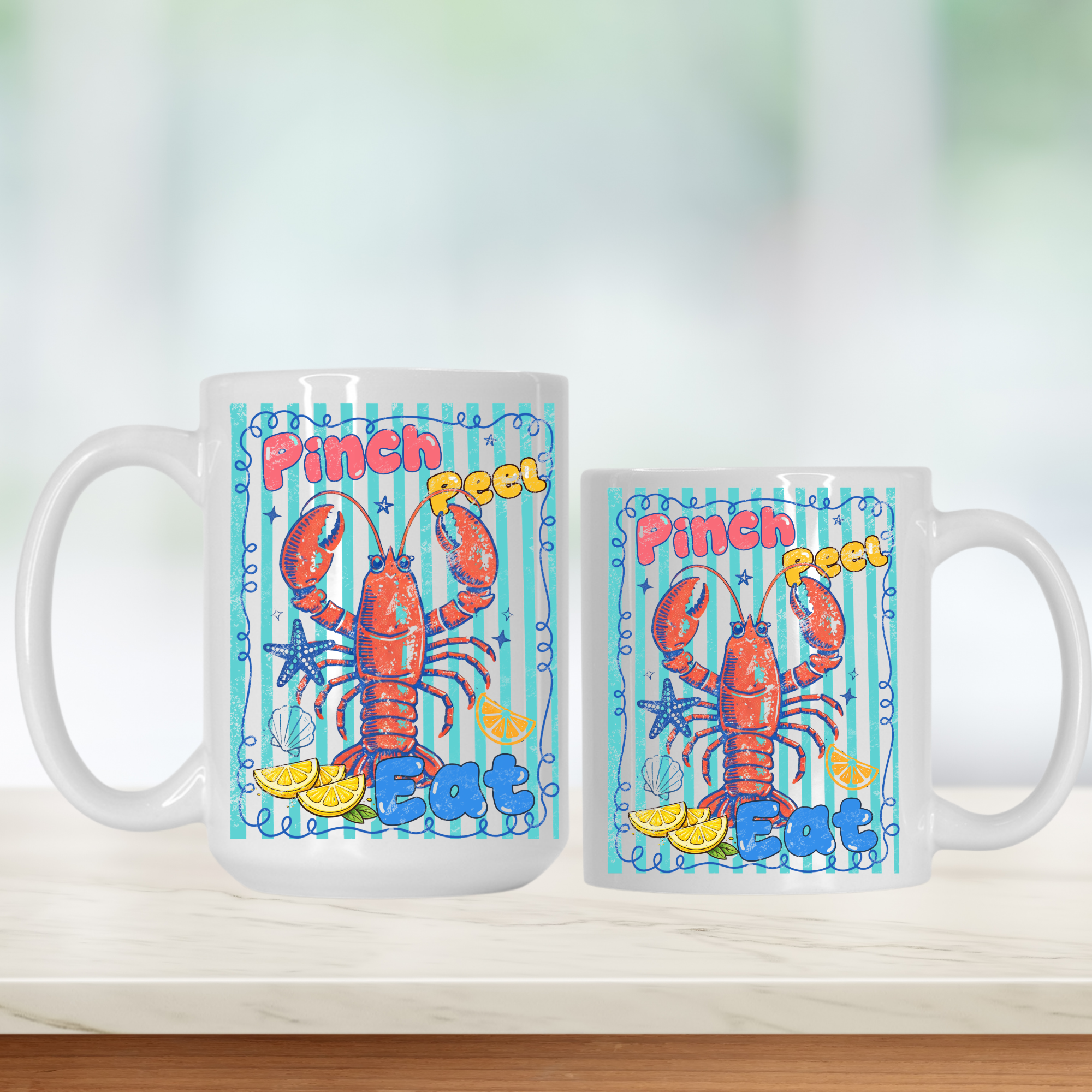 Two mugs with a colorful lobster design and text on a white background