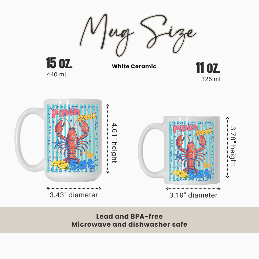 15oz & 11oz. mugs with a lobster design, showing size comparison and specifications.