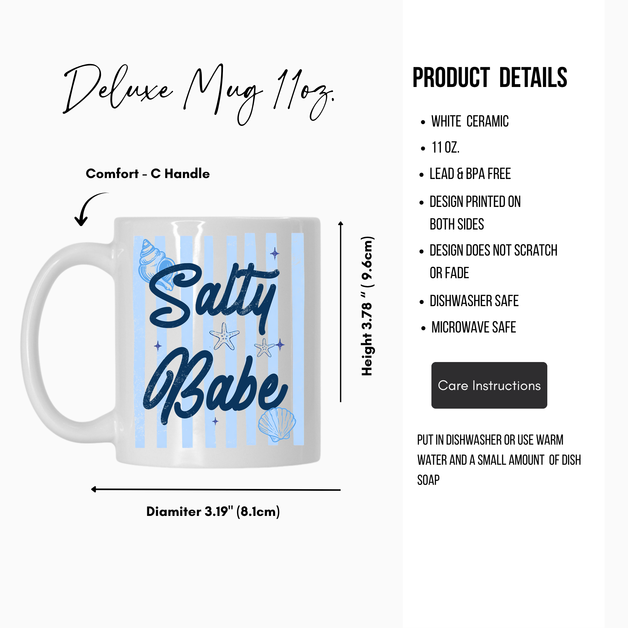 White 11oz. ceramic mug with 'Salty Babe' design on a white background, featuring product details.