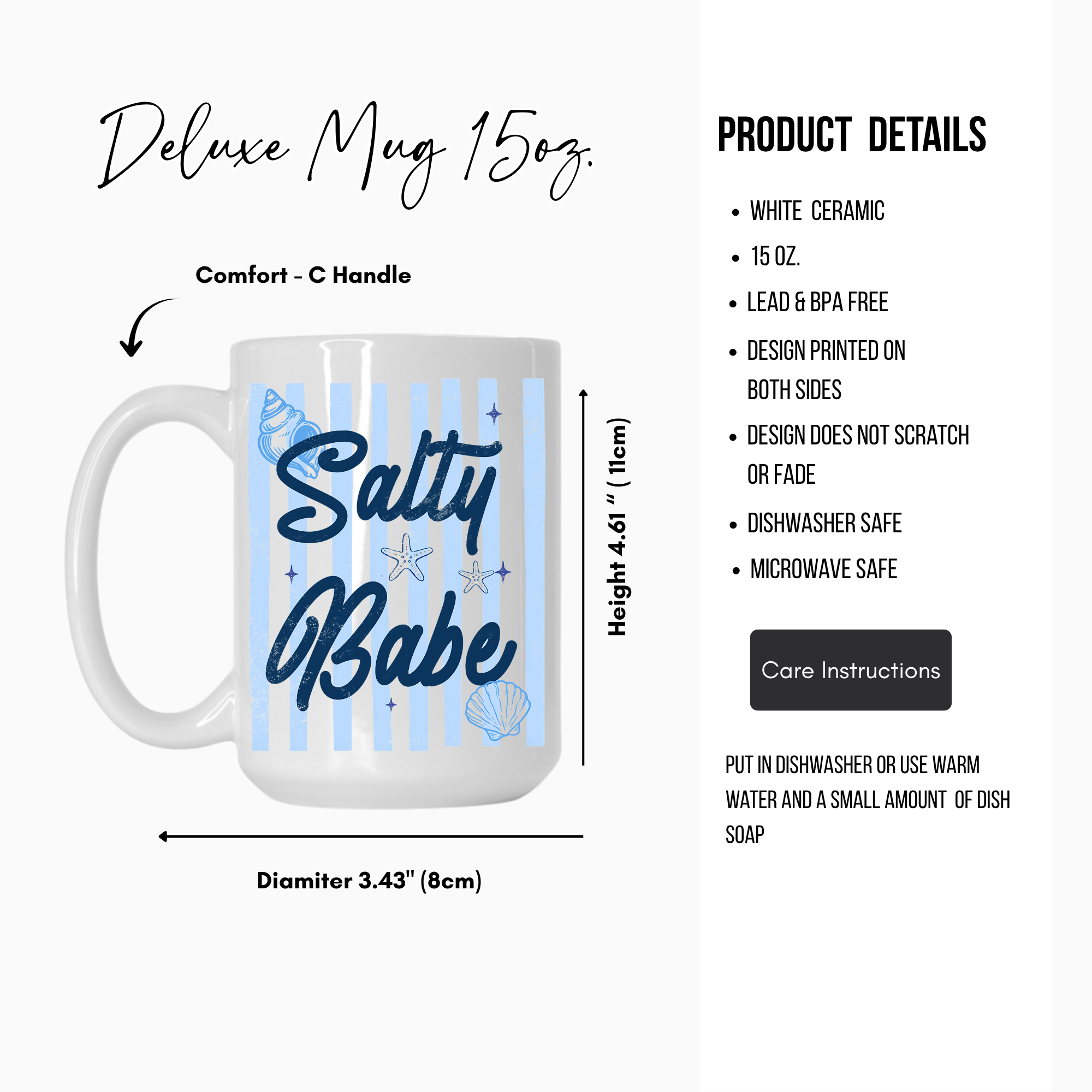 White 15oz. ceramic mug with 'Salty Babe' design, featuring product details on a white background.