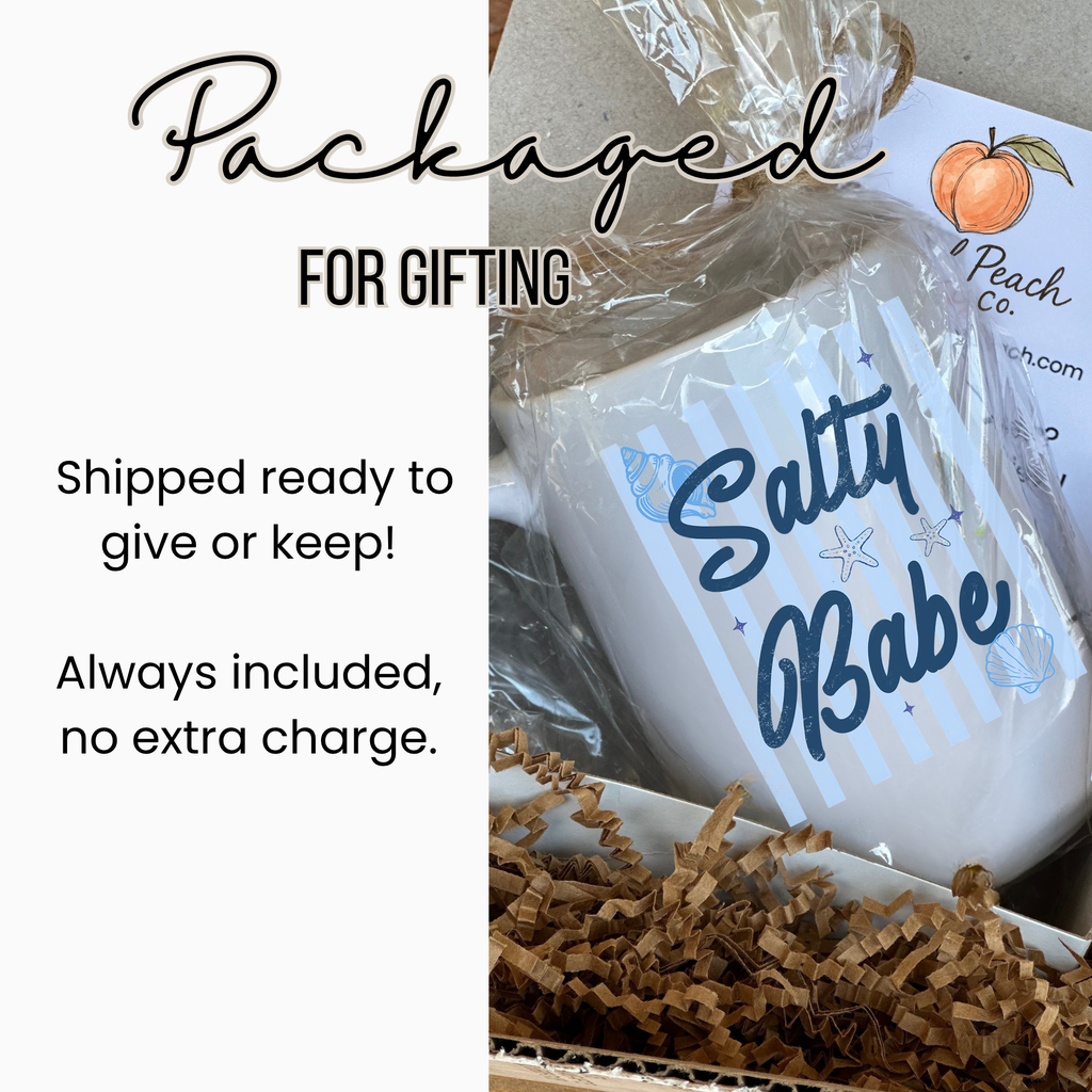 White 15oz. mug with 'Salty Babe' text in a gift box, labeled 'Packaged for Gifting'.
