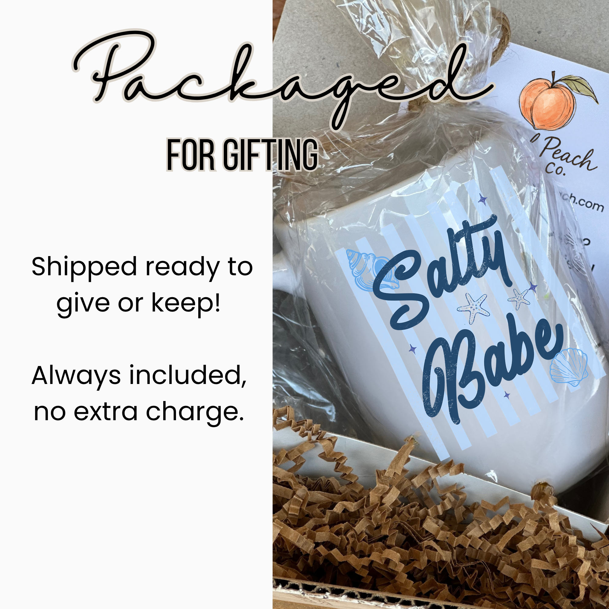 White 15oz. mug with 'Salty Babe' text in a gift box, labeled 'Packaged for Gifting'.