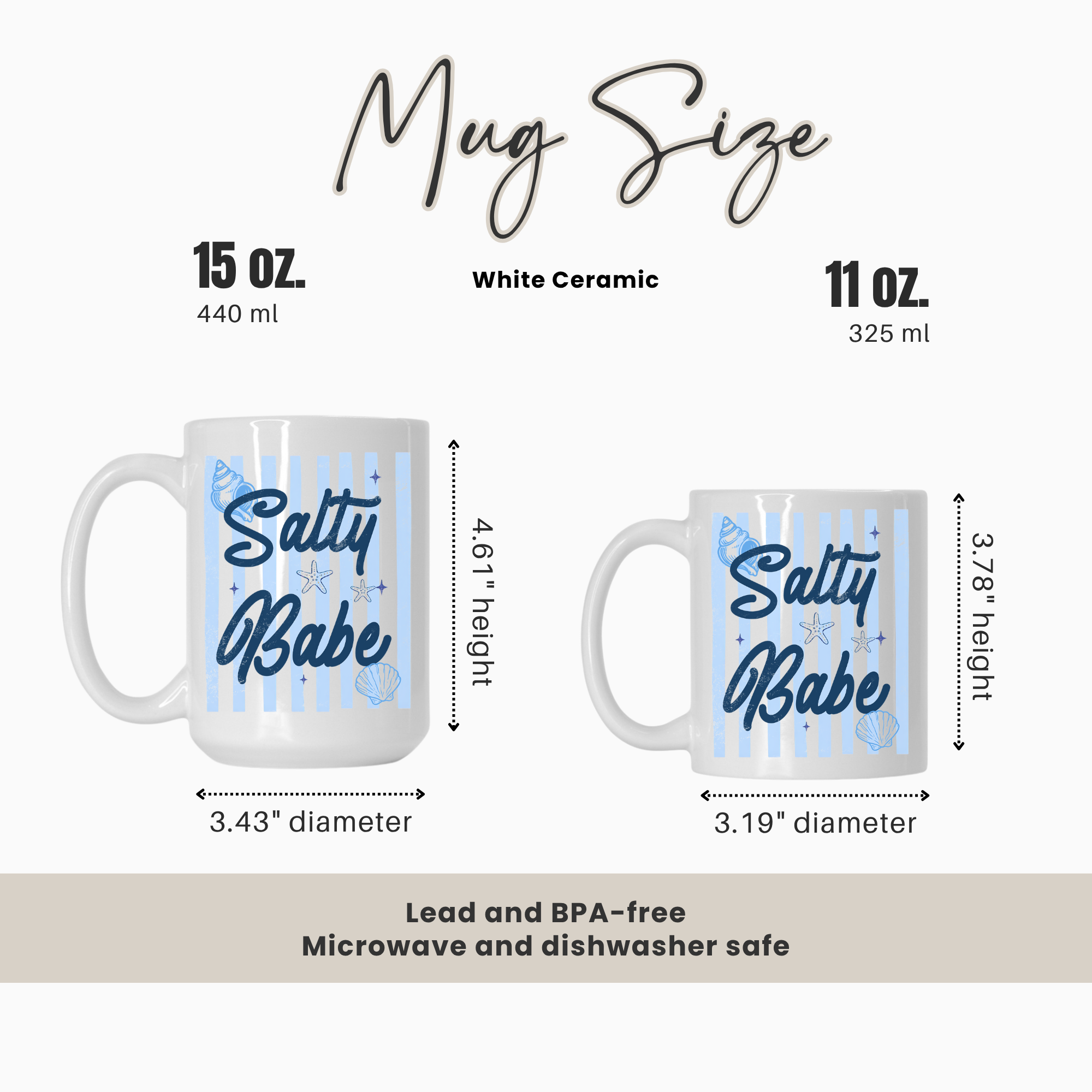 Mug size comparison chart with 'Salty Babe' design on a white background