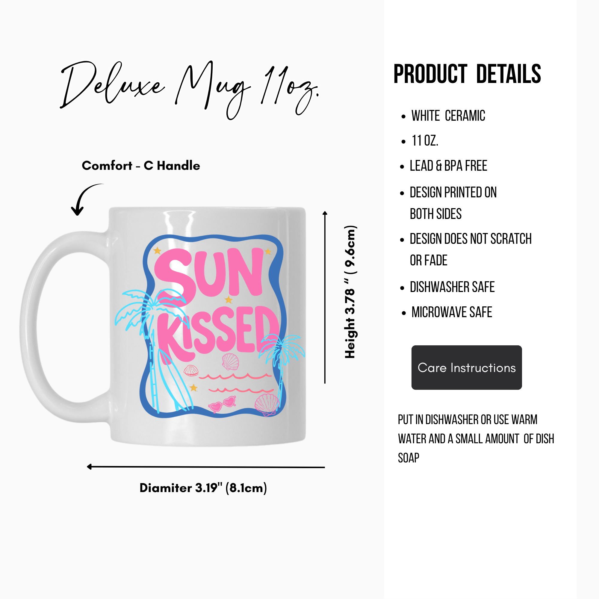 White 11oz. mug with 'Sun Kissed' design, featuring product details on a white background.