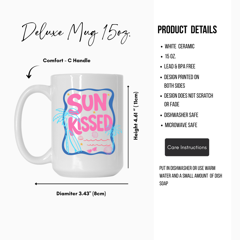 White 15oz. ceramic mug with 'Sun Kissed' design, featuring product details on a white background.