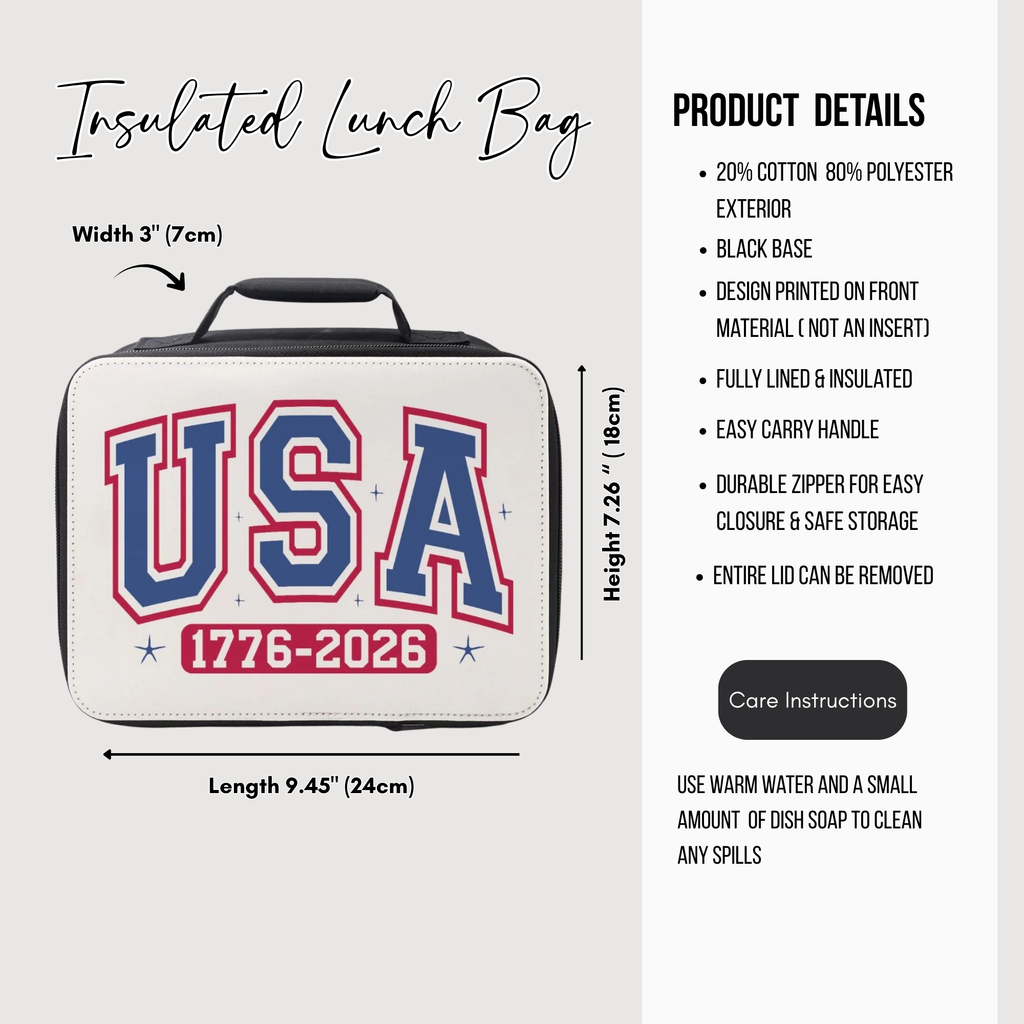 Insulated lunch bag with 'USA 1776-2026' design and product details on a white background