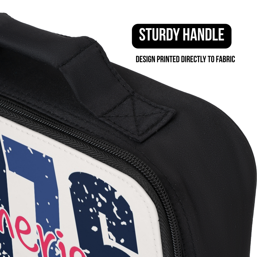 Black lunch bag with a design printed directly to fabric, featuring a handle and text.