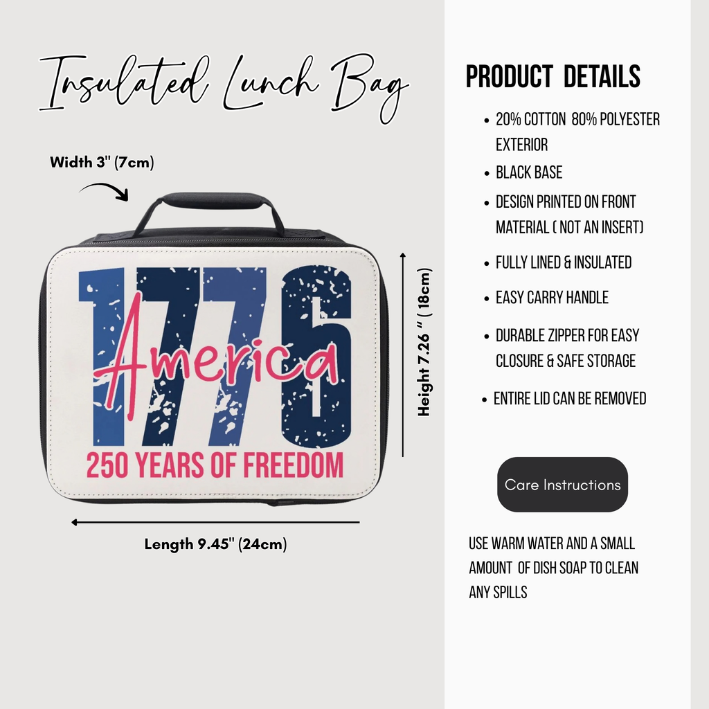 Insulated lunch bag with '1776 America 250 Years of Freedom' design, showing product details on a white background.