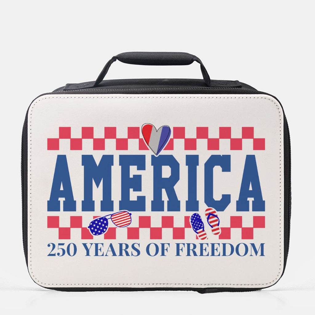 Lunch bag with 'America 250 Years of Freedom' text and American flag design on a white background