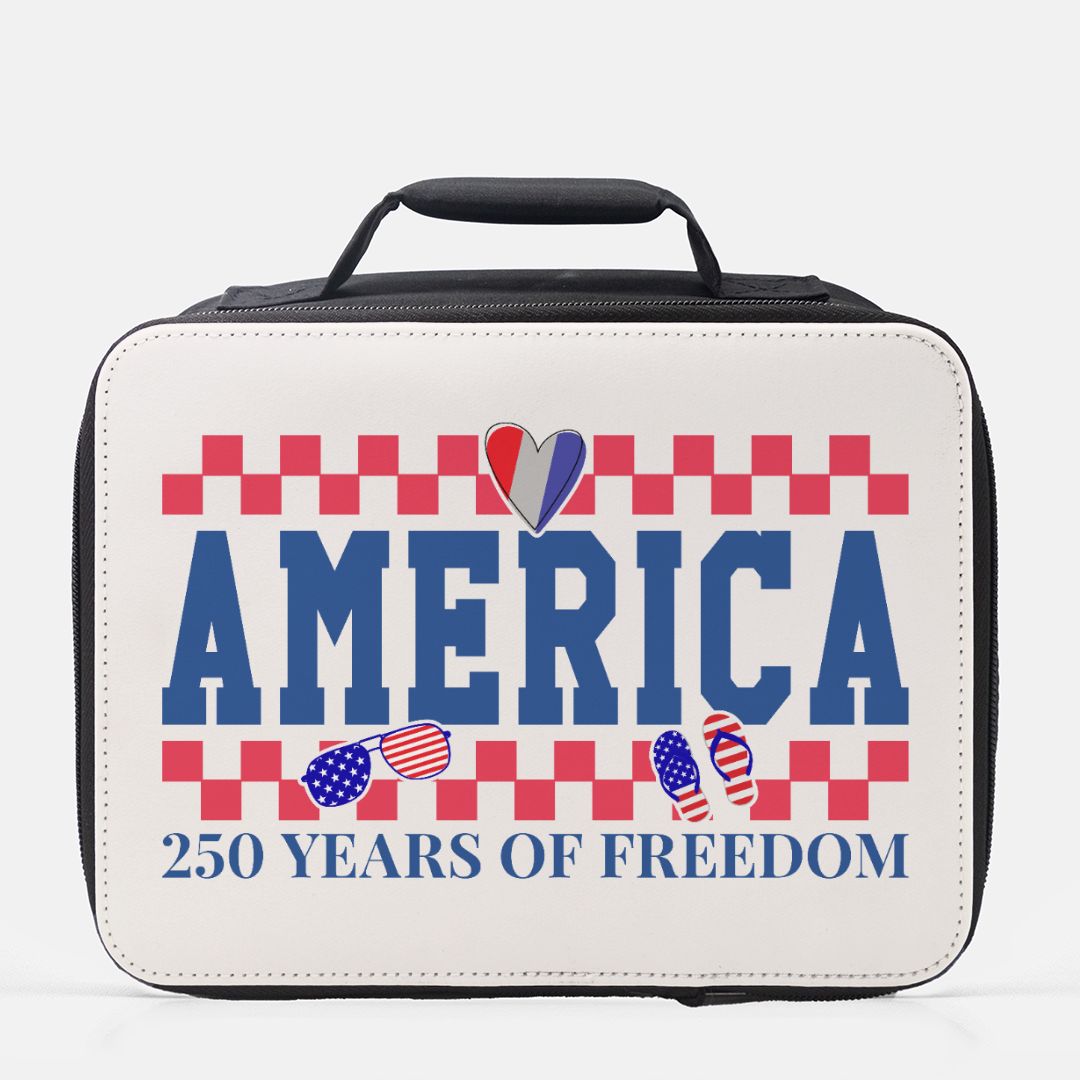 Lunch bag with 'America 250 Years of Freedom' text and American flag design on a white background