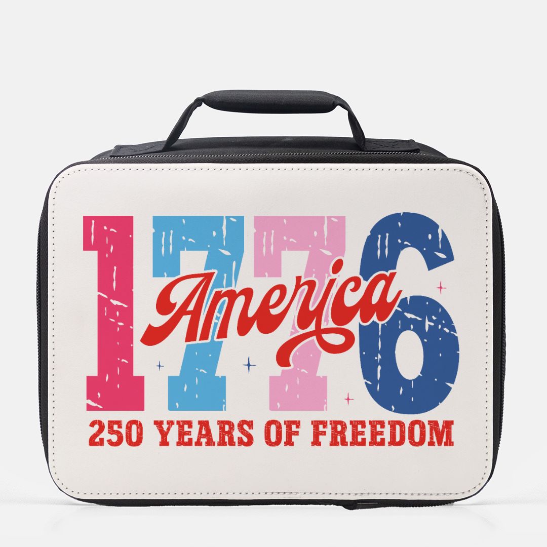 Insulated lunch bag with '1776 America 250 Years of Freedom' text on a white background