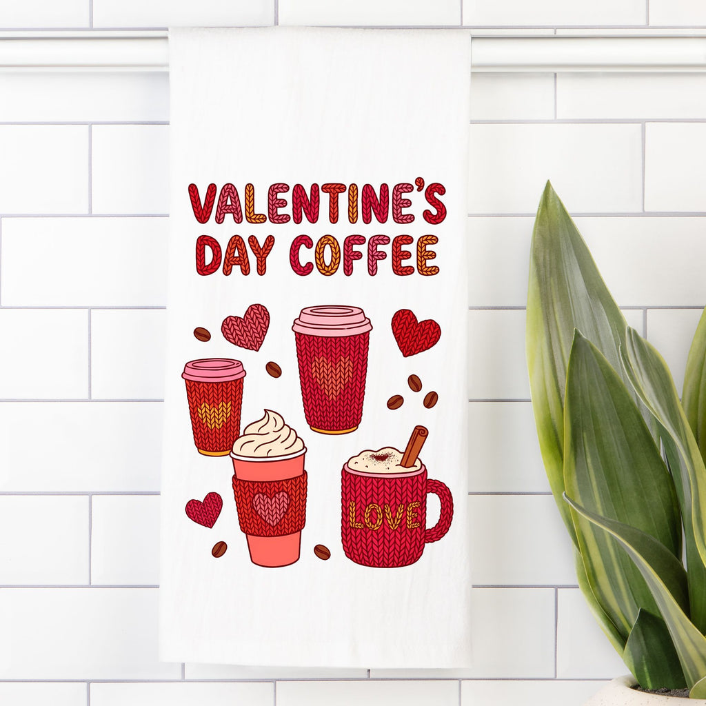 Tea Towel Valentine's Day coffee-themed design with red cups and hearts on a white tiled background.