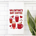 Tea Towel Valentine's Day coffee-themed design with red cups and hearts on a white tiled background.