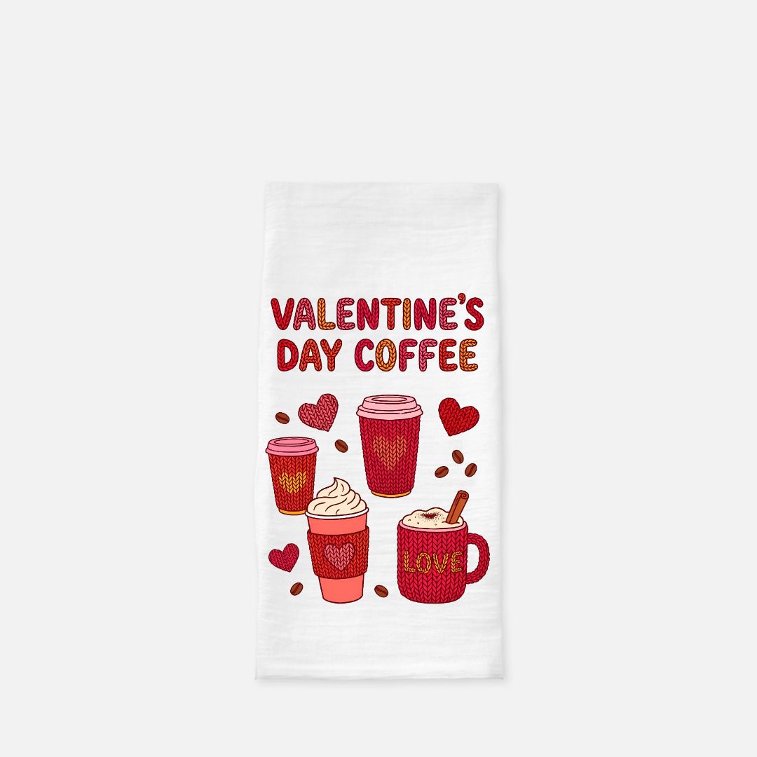 Valentine's Day-themed tea towel with coffee cups and hearts on a white background