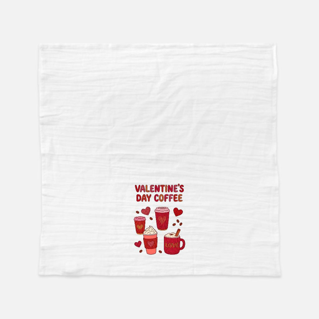 White tea towel with red 'Valentine's Day Coffee' design featuring coffee cups and hearts on a white background.