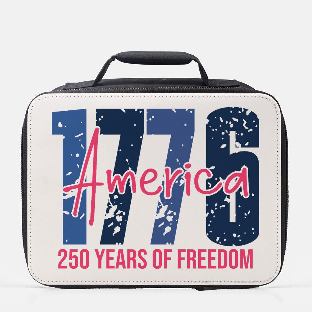 Insulated lunch box with '1776 America 250 Years of Freedom' text on a white background