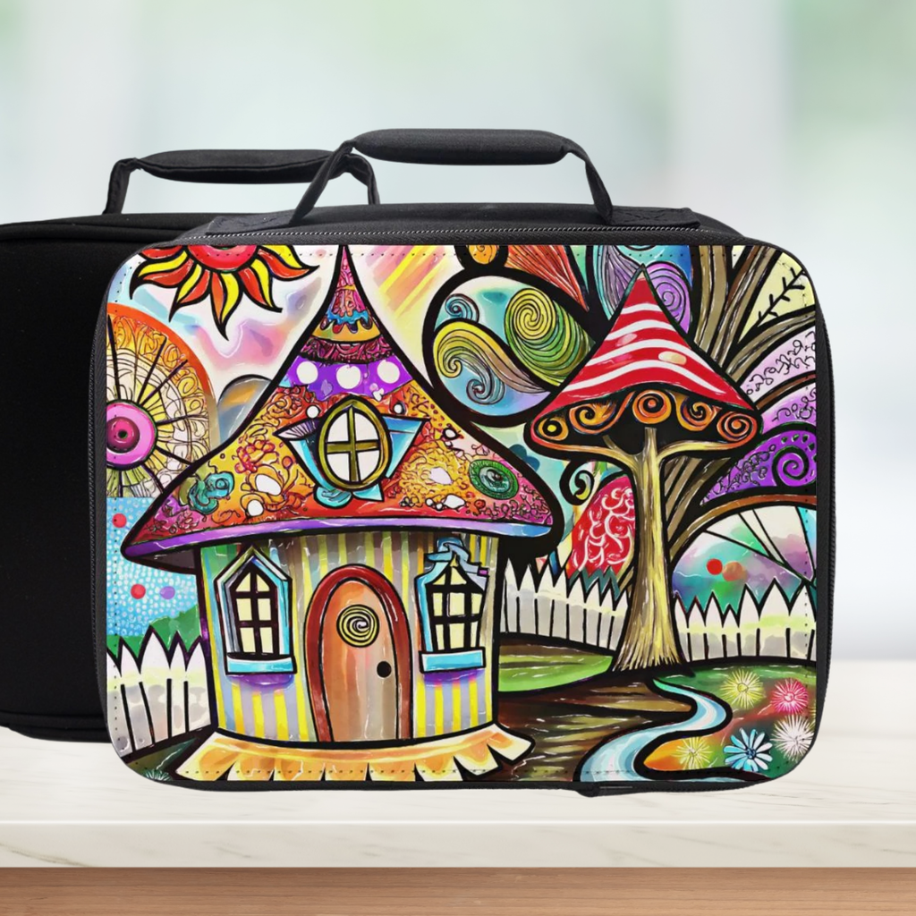 Colorful lunch bag with a whimsical design of a house and tree on a blurred background