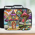 Colorful lunch bag with a whimsical design of a house and tree on a blurred background