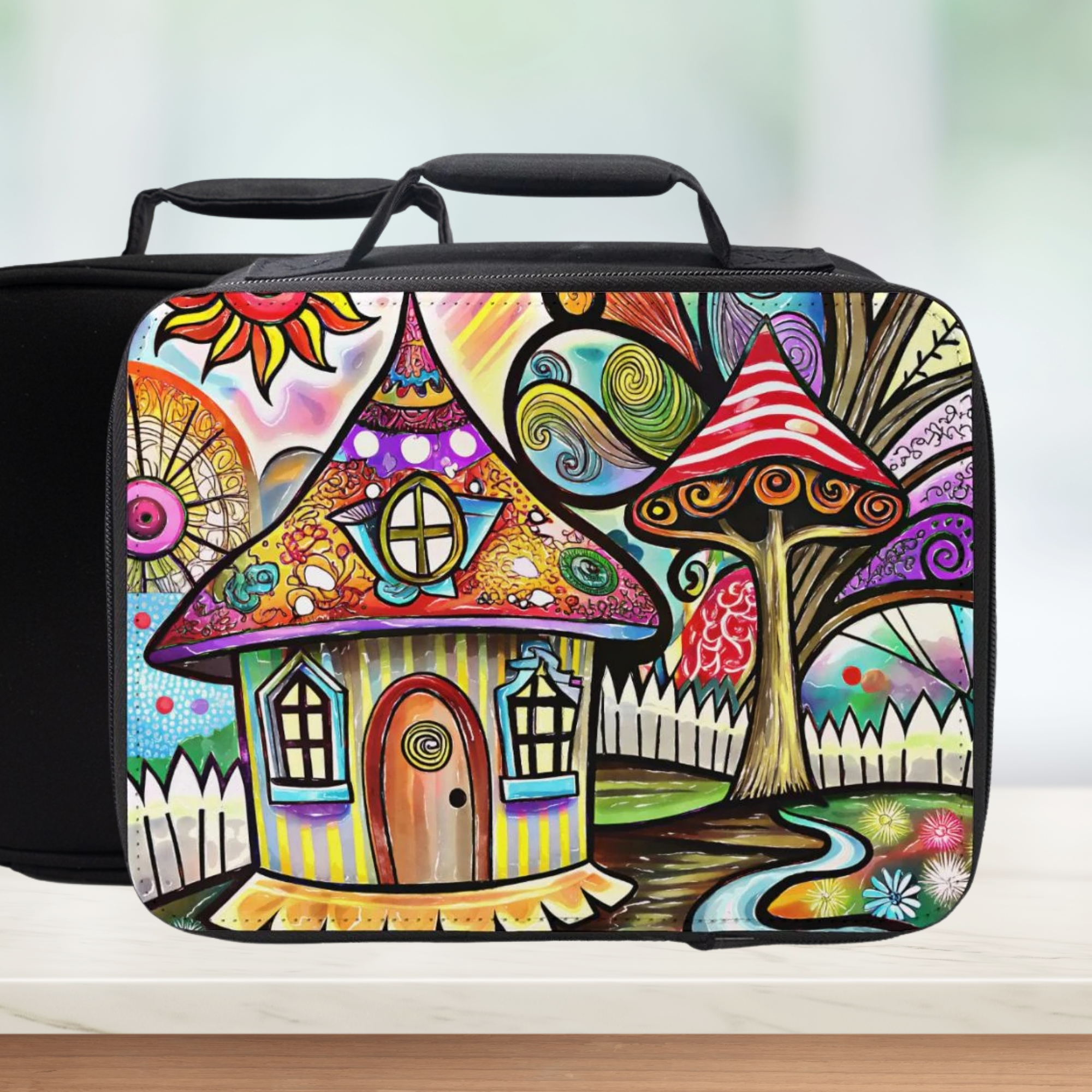 Colorful lunch bag with a whimsical design of a house and tree on a blurred background