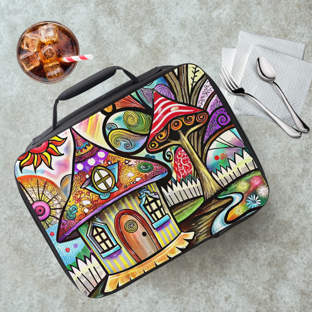 Colorful mushroom-themed lunch bag on a cafeteria table with a drink and utensils.