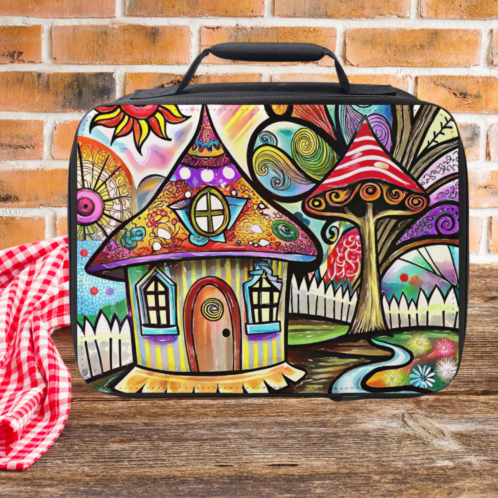 Lunch bag with a colorful mushroom house design on a picnic table against a brick wall background