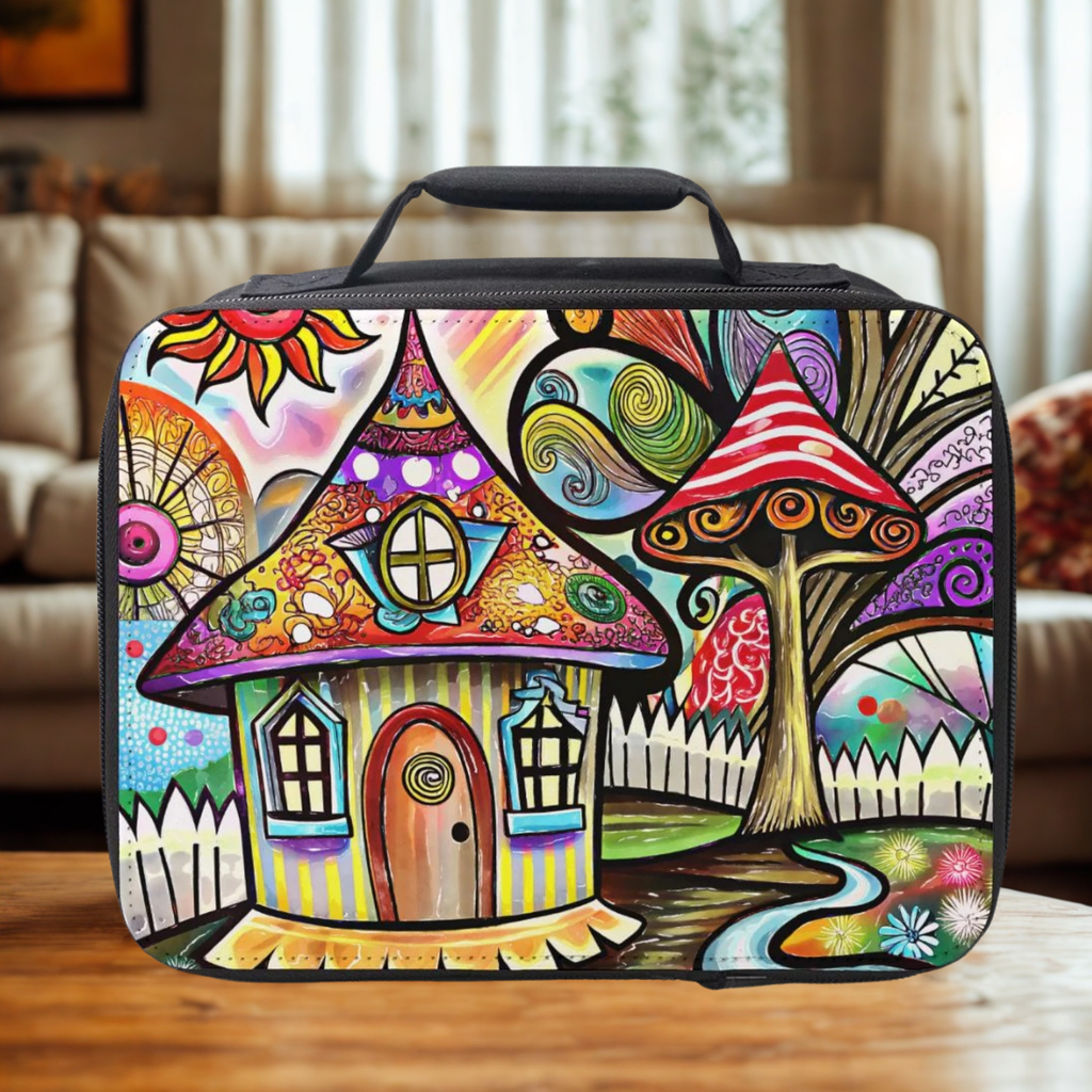 Colorful lunch bag with a whimsical design of a house and tree on a wooden surface in a living room.