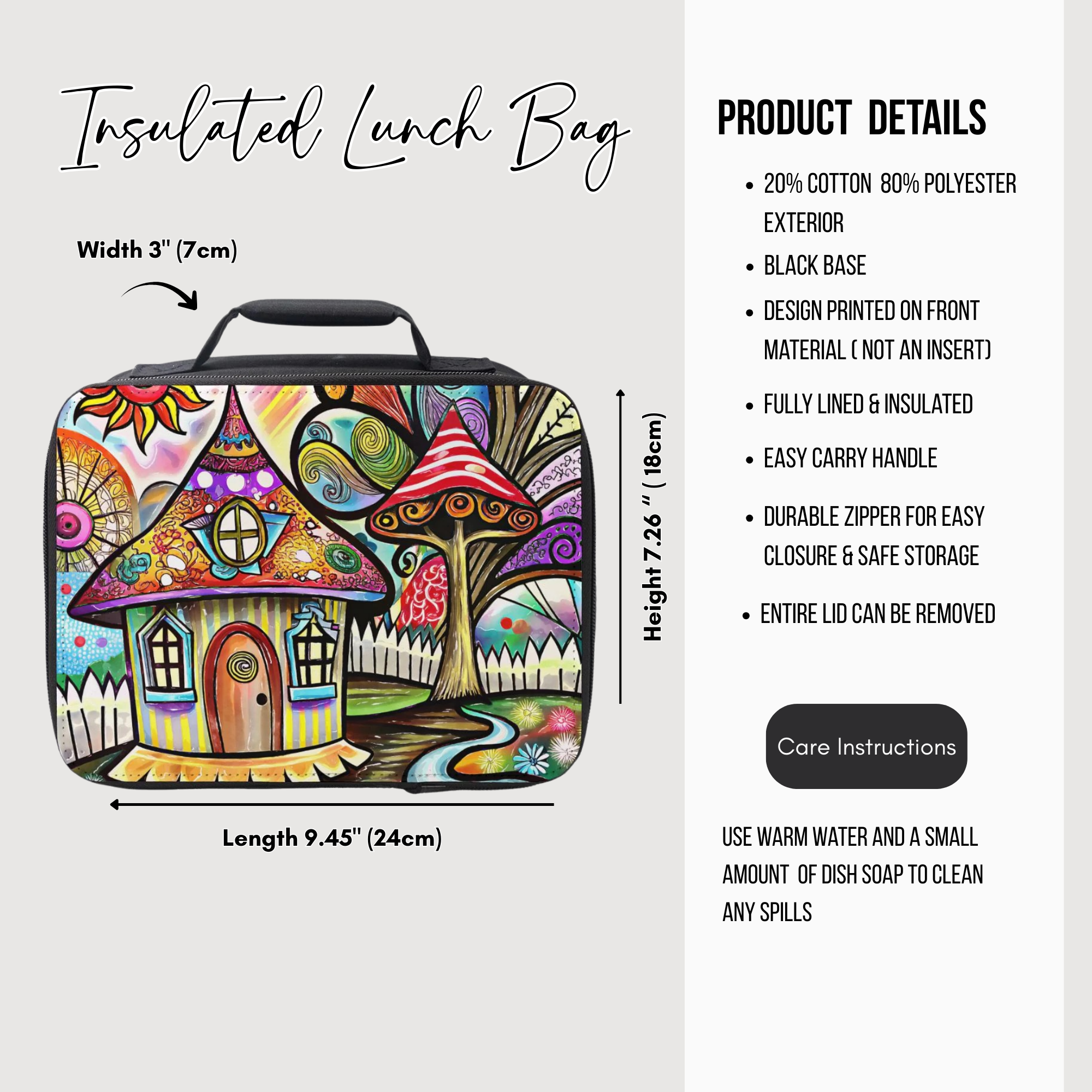 Insulated lunch bag with colorful house design and product details on a white background