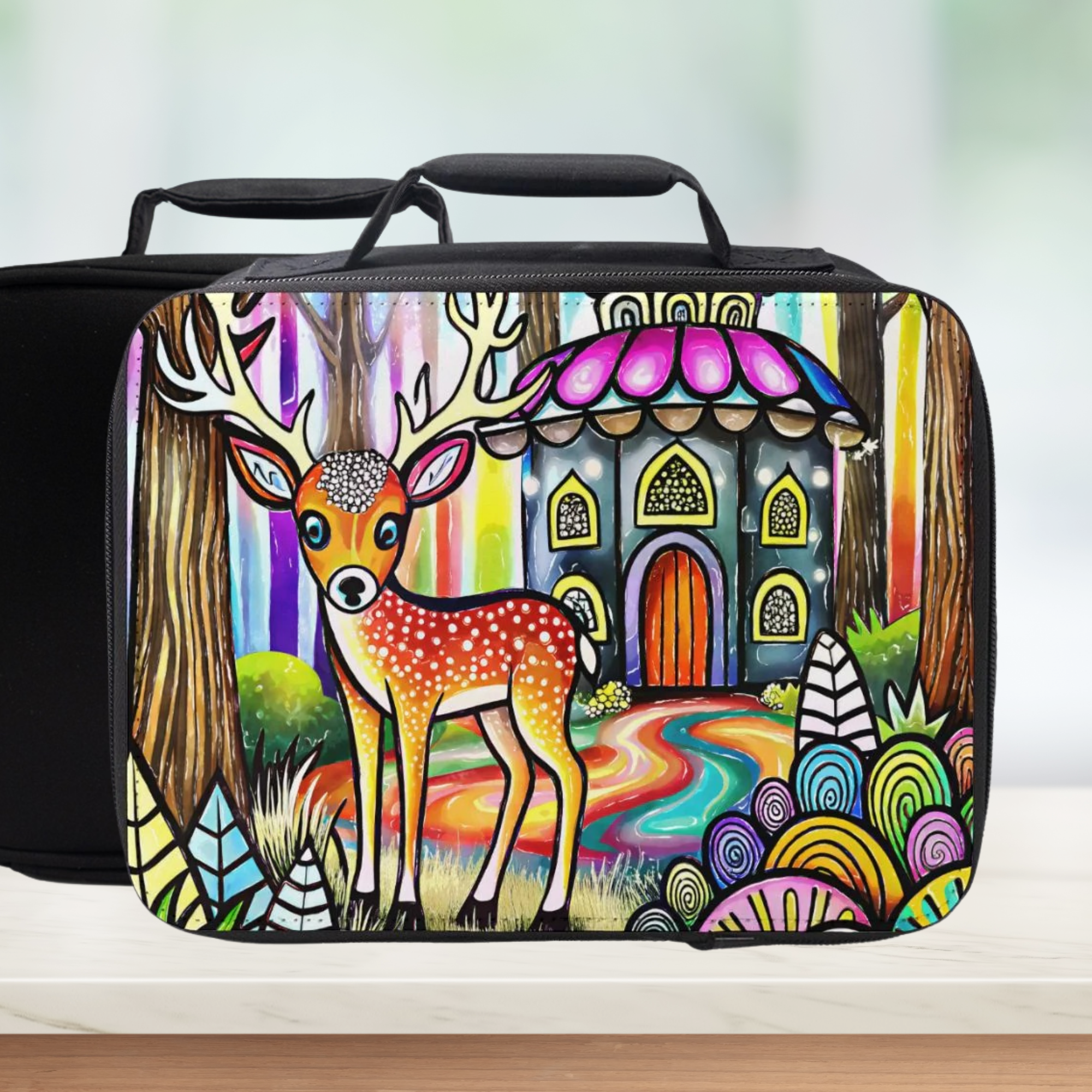 Colorful lunch bag with a deer and fairy tale castle design on a wooden surface.
