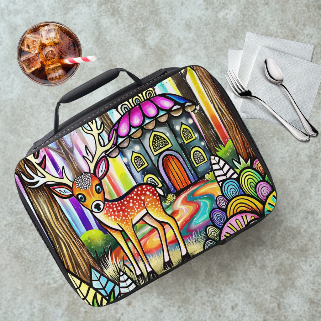Colorful deer design on a lunch bag with a drink and utensils on a table.