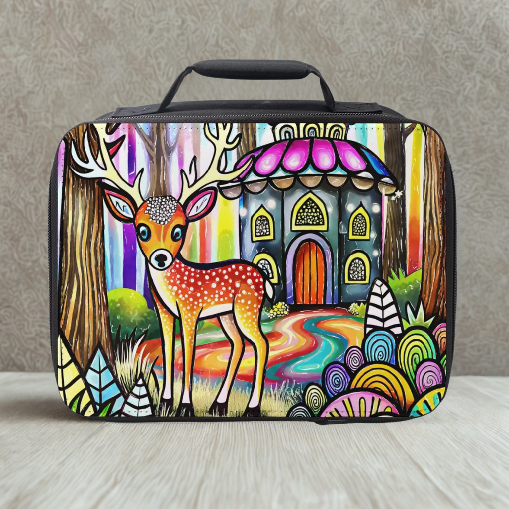 Colorful lunch bag with a deer and fairy tale castle design on a neutral background