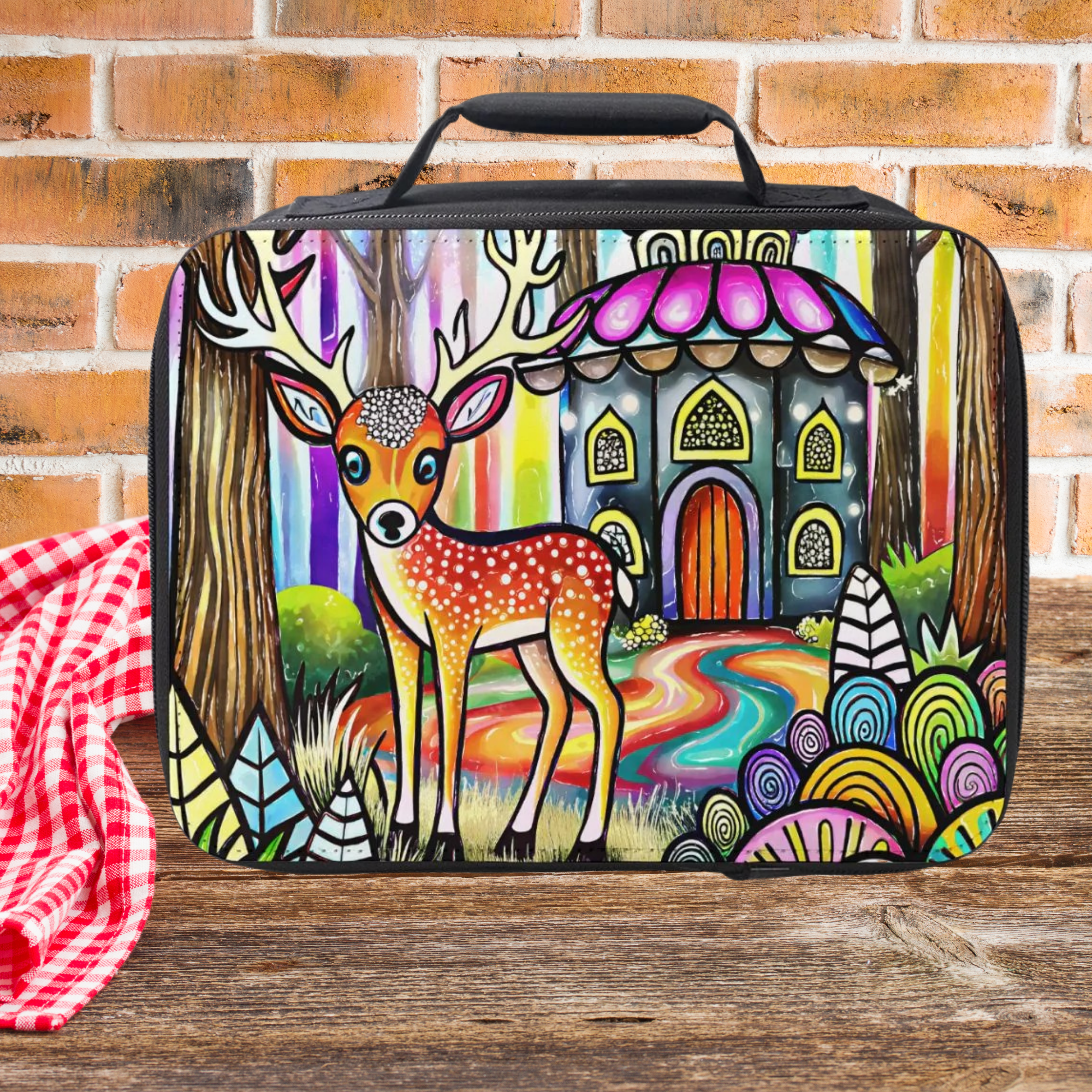 Colorful lunch bag with a deer and fairy-tale castle design on a wooden picnic table against a brick wall background.
