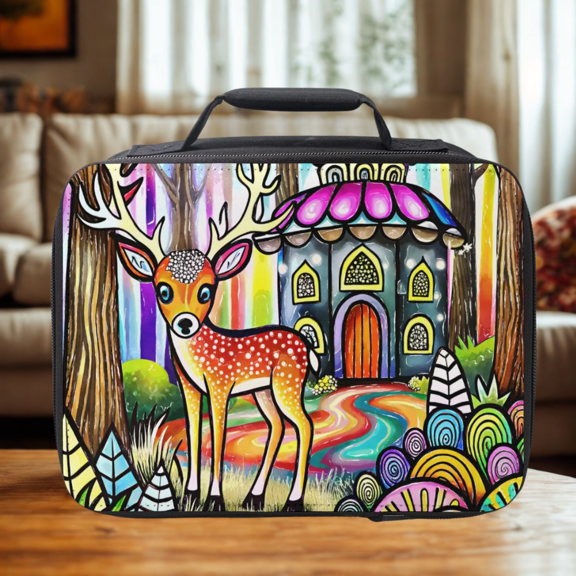 Colorful lunch bag with a deer and fairy tale castle design on a wooden surface.