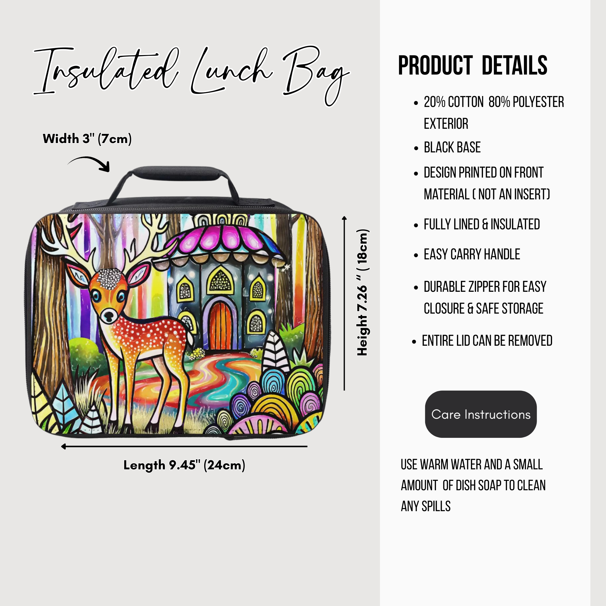 Insulated lunch bag with colorful design of a deer and rainbow, featuring product details on a white background.