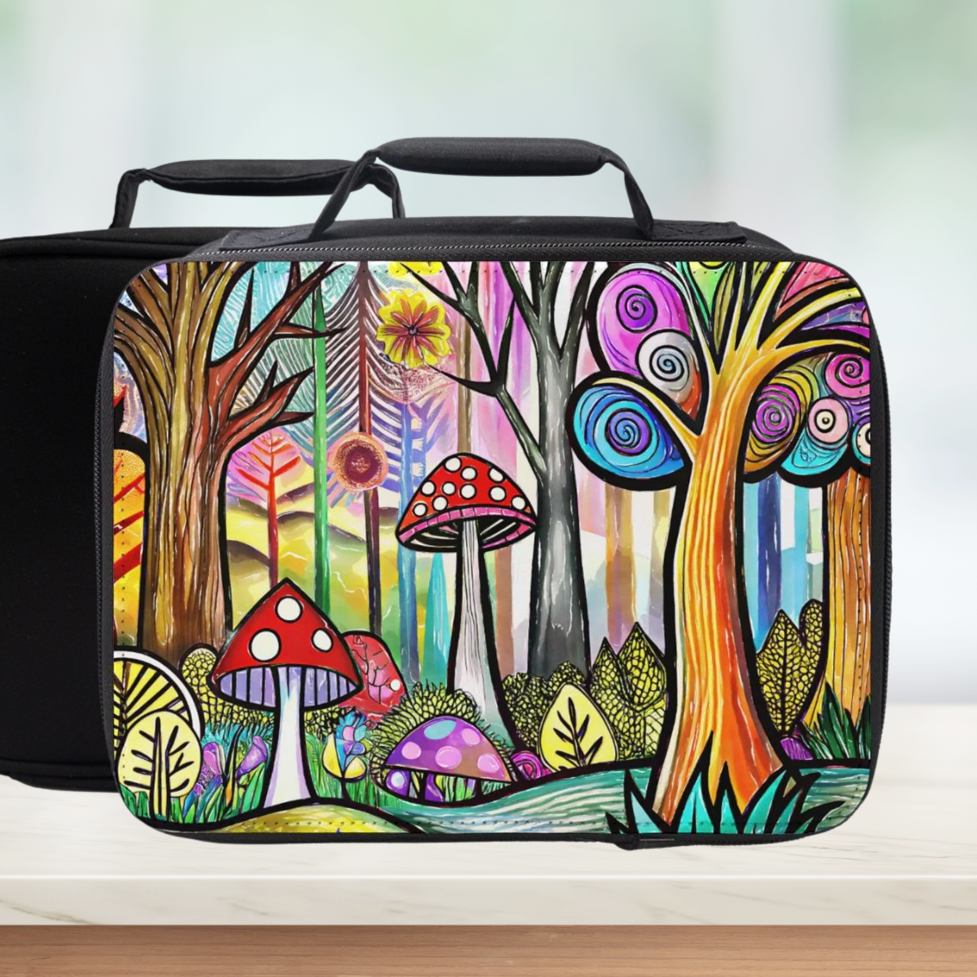 Colorful forest design on a black lunch bag with a blurred background
