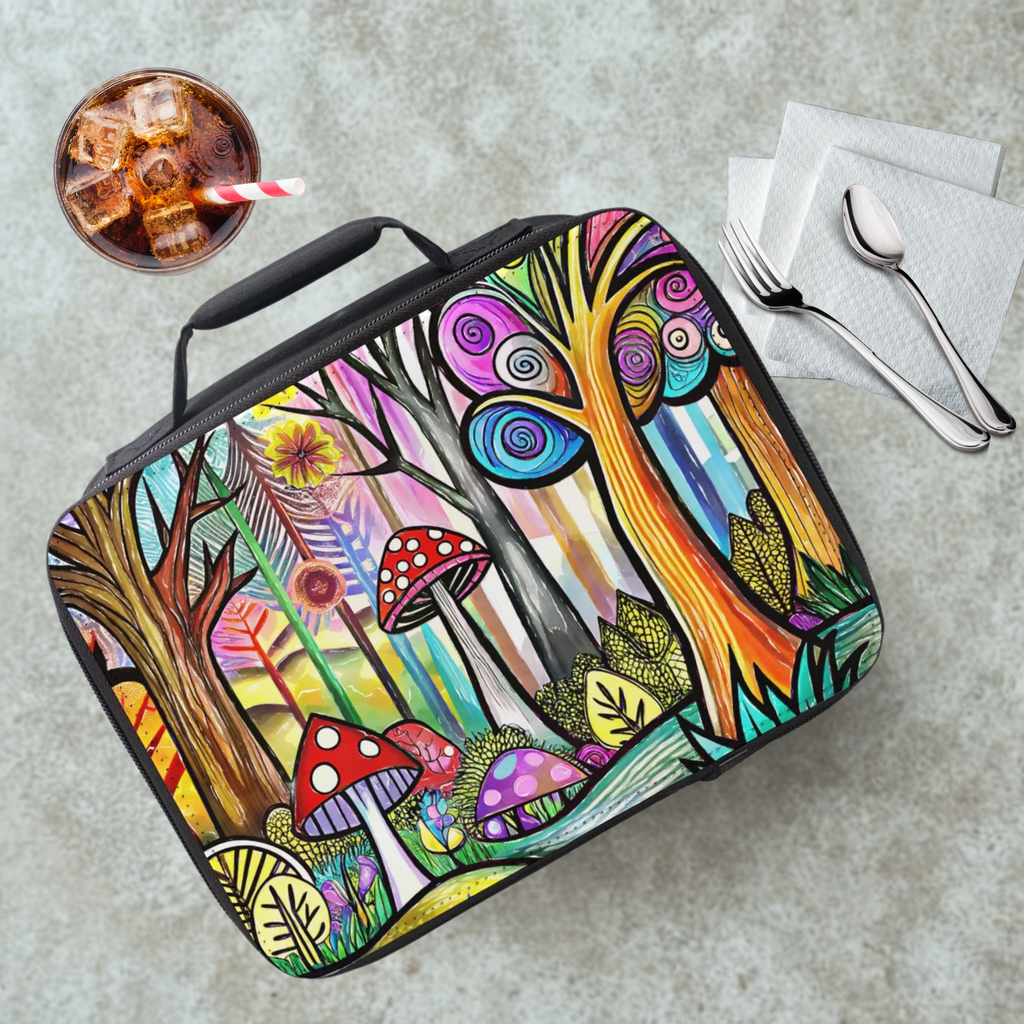 Colorful forest-themed lunch bag on a cafeteria table with a drink and utensils.