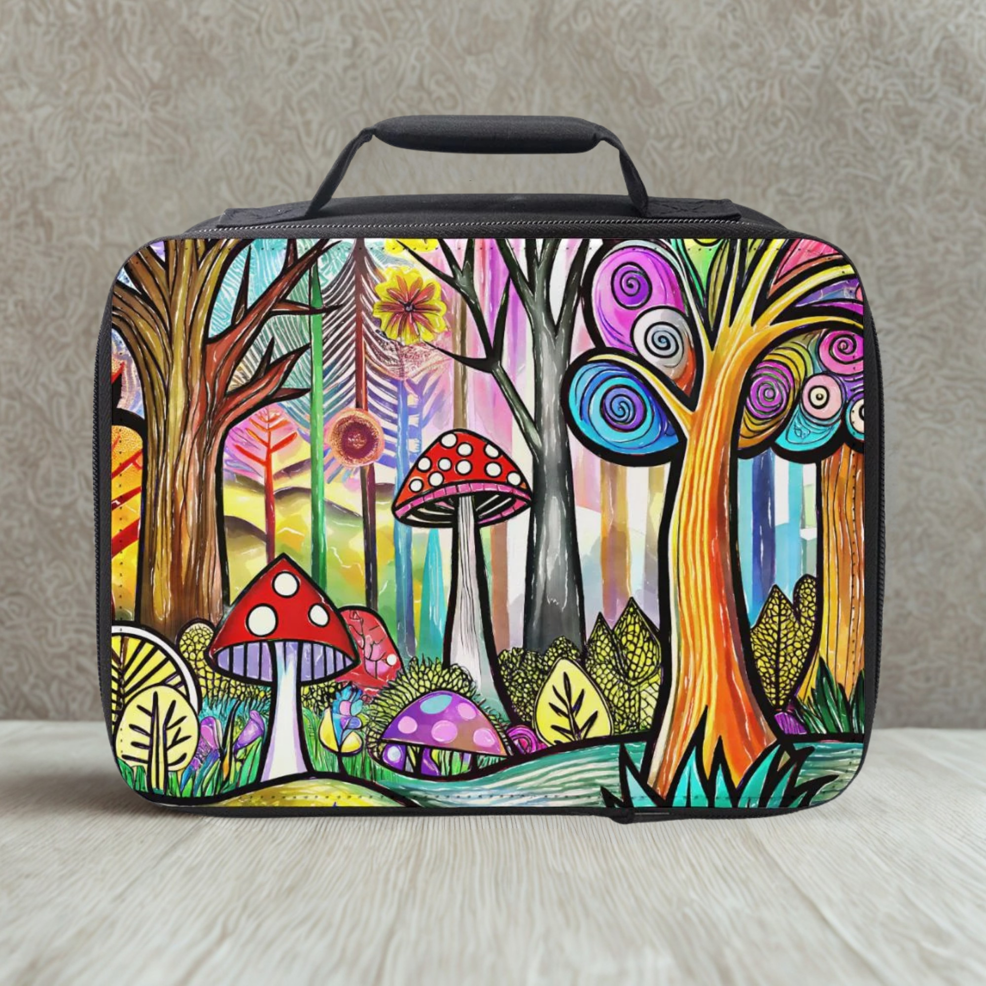 Colorful forest design lunch bag on a neutral background